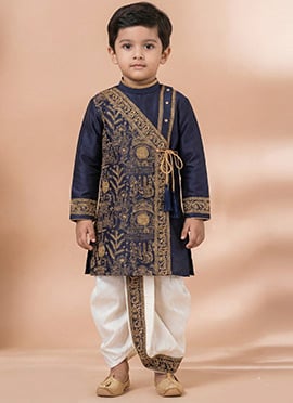 Navy Blue Viscose Embroidered Kids Boys Kurta Pyjama
