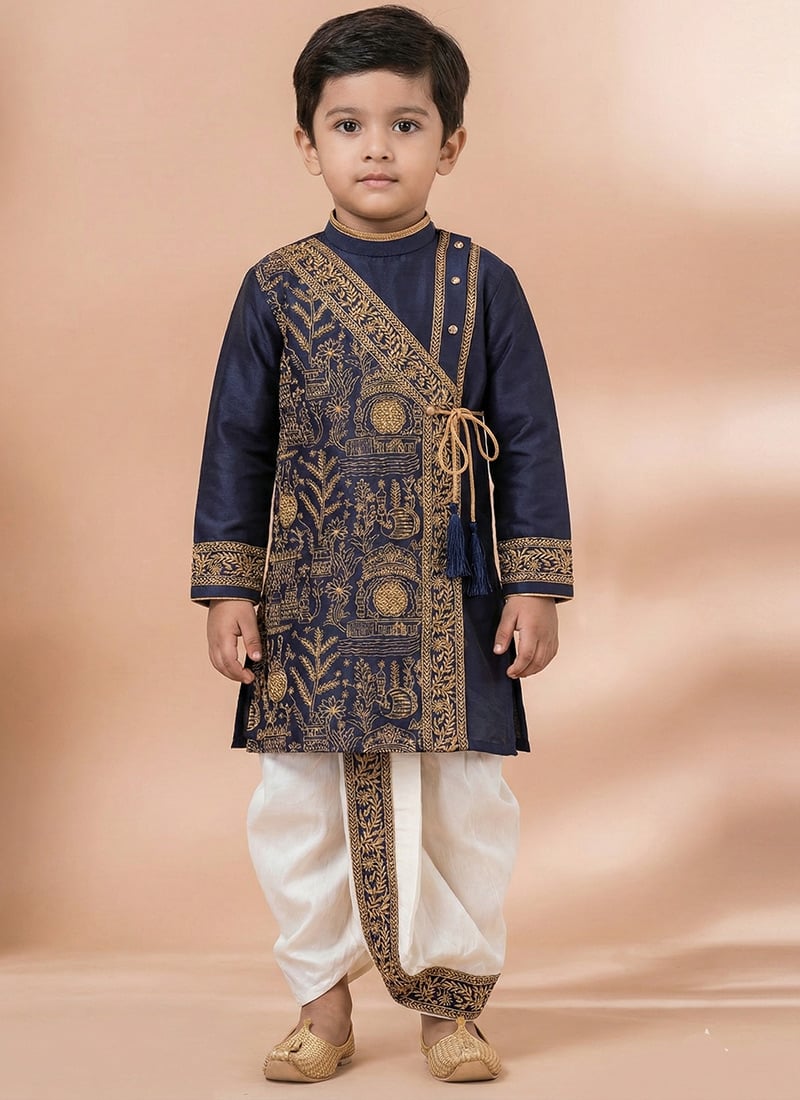 Navy Blue Viscose Embroidered Kids Boys Kurta Pyjama Festive Wear