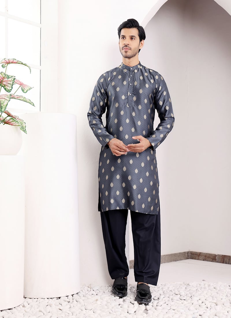 Navy Blue Viscose Jacquard Kurta