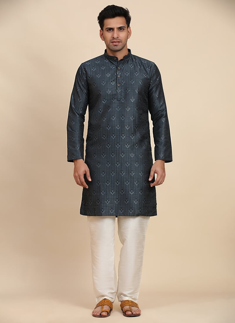 Navy Blue Viscose Jacquard Kurta Pyjama Festive Wear