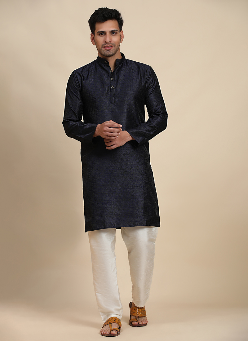 Navy Blue Viscose Jacquard Kurta Pyjama Festive Wear