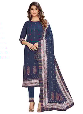 Navy Blue Viscose Printed Straight Pant Suit