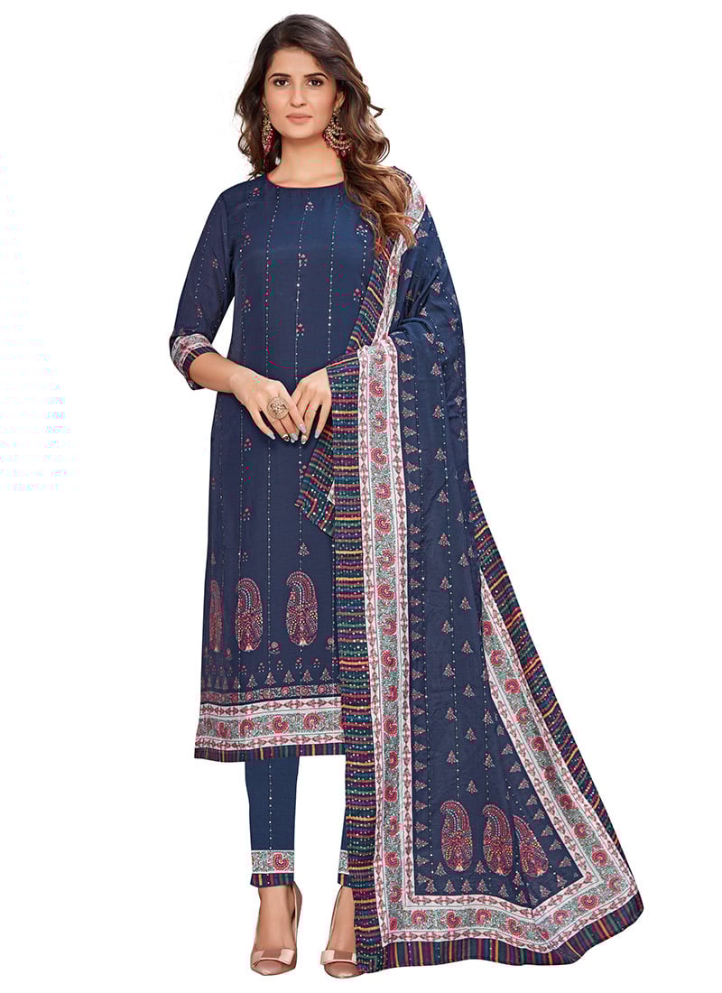 Navy Blue Viscose Printed Straight Pant Suit Work Wear