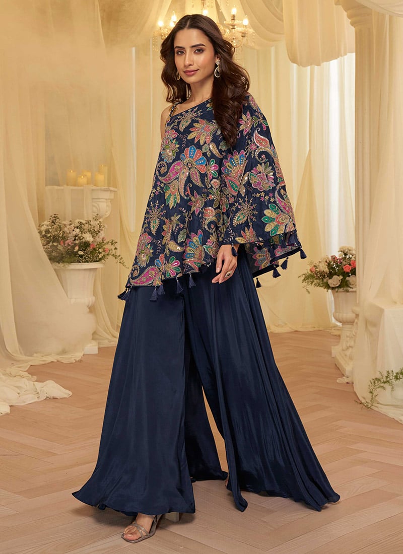 Navy Blue Viscose Printed Zari Embroidered Sequins One Shoulder Indowestern Palazzo Set After Six Wear