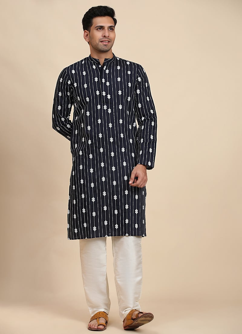 Navy Blue Viscose Rayon Embroidered Sequins Kurta