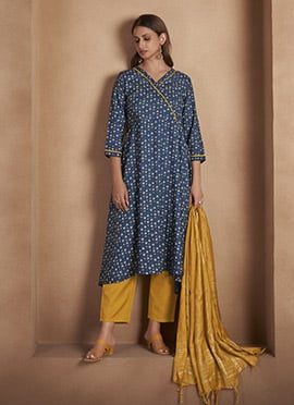Navy Blue Viscose Rayon Printed Straight Pant Suit