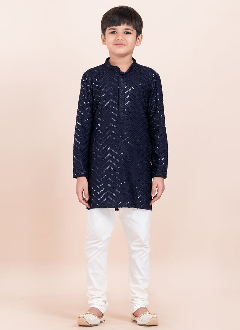 Navy Blue Viscose Rayon Sequins Kids Boys Kurta Pyjama Festive Wear