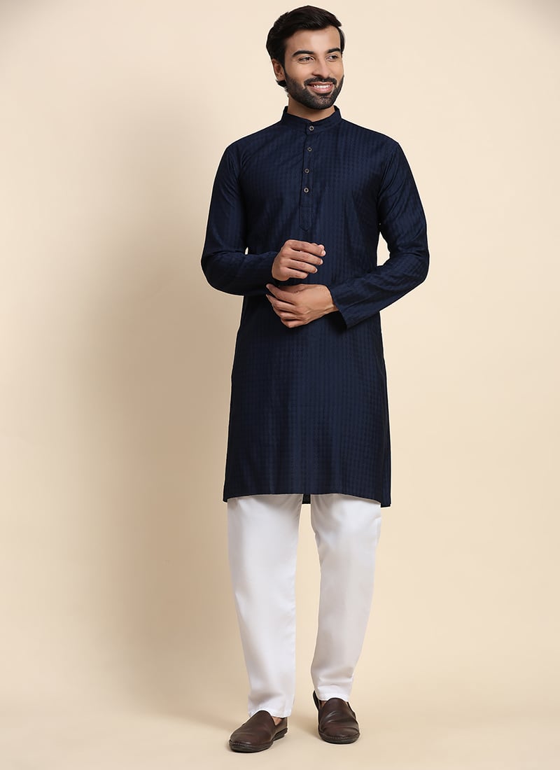 Navy Blue Viscose Rayon Weaved Kurta