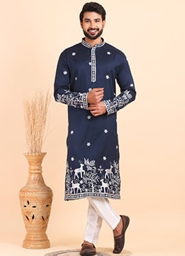 Navy Blue Viscose Silk Embroidered Kurta Pyjama For Men