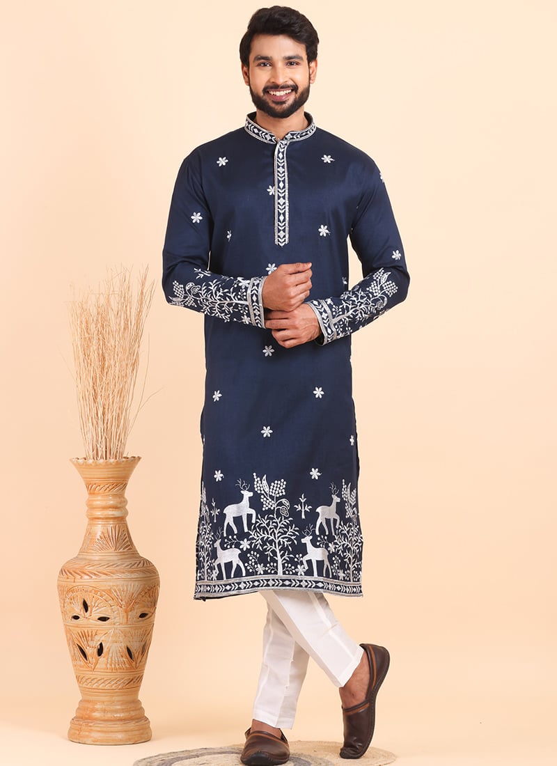 Navy Blue Viscose Silk Embroidered Kurta Pyjama For Men Festive Wear