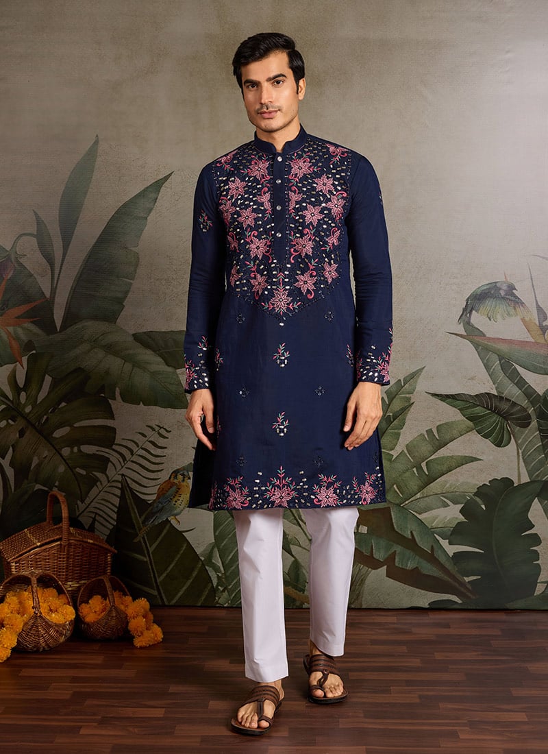 Navy Blue Viscose Silk Embroidered Sequins Men Kurta