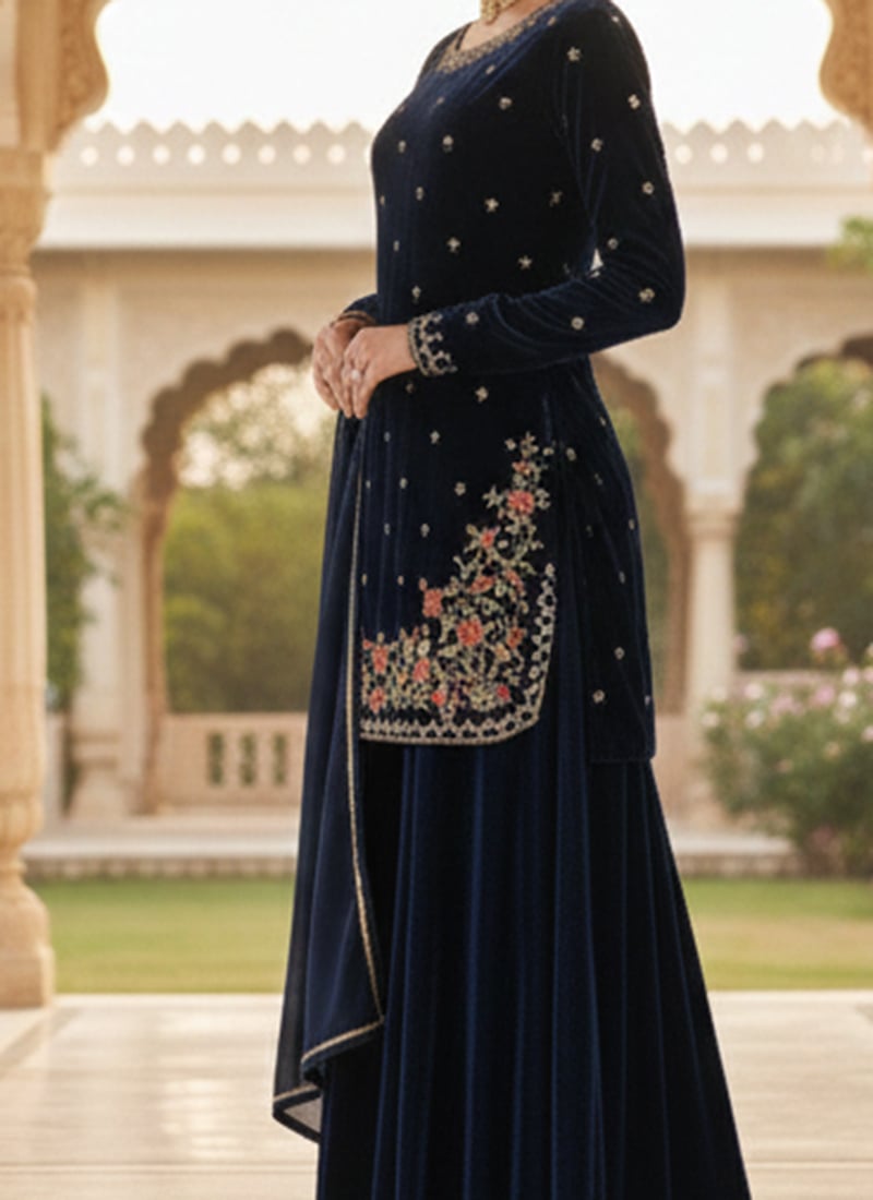 Women Navy Blue Velvet Embroidered Palazzo Suit main image 1