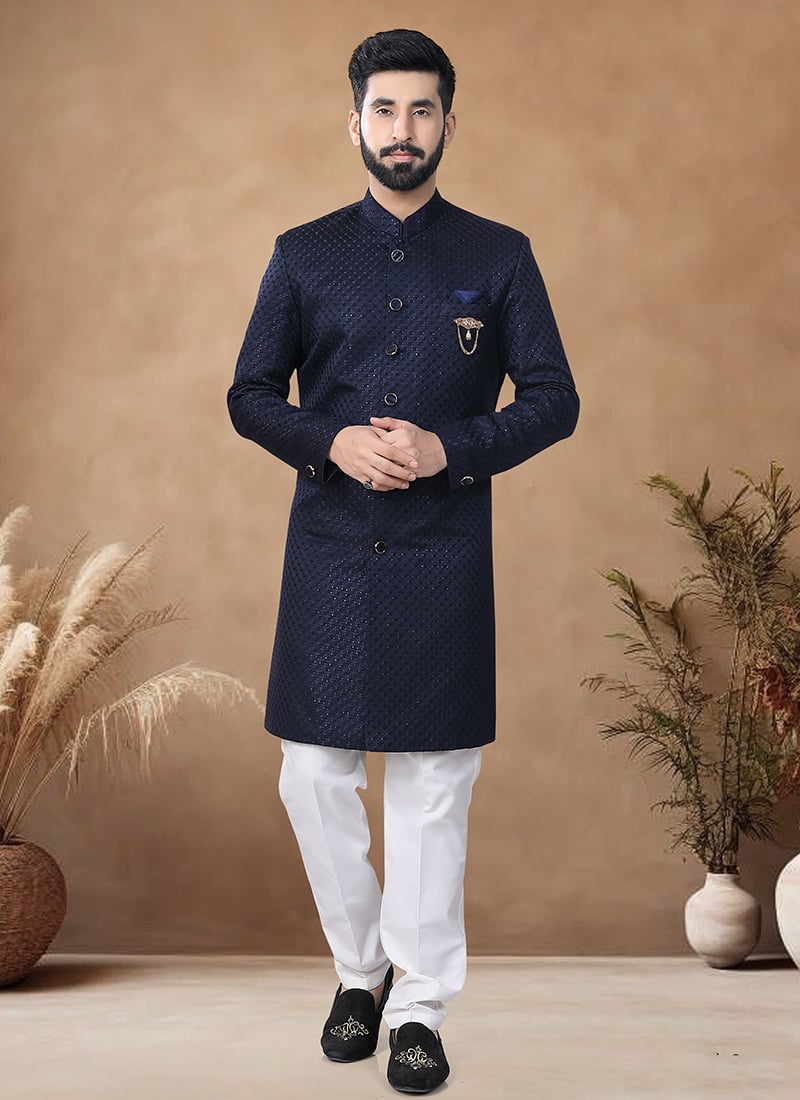 Navy Blue Woven Jacquard Embroidered Thread Classic Sherwani Wedding Wear