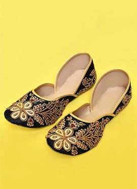 Navy Blue Zari Embroidered Dupion Silk Juti For Women