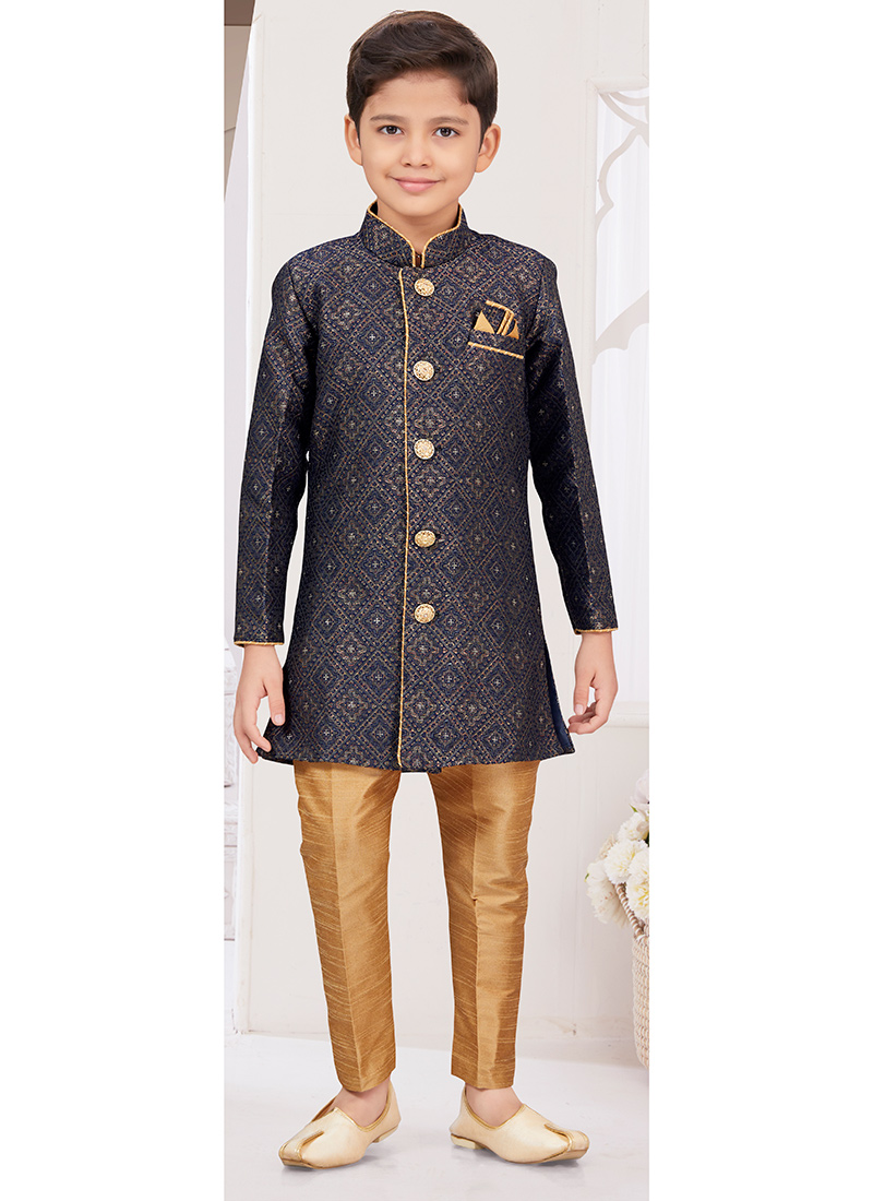 Navy Blue Zari Thread Jacquard Kids Boys Indowestern Sherwani Wedding Wear