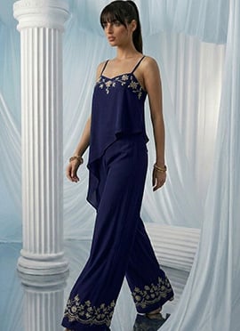 Navy Georgette Beads Zari Hand Embroidered Indowestern Asymmetric Palazzo Set