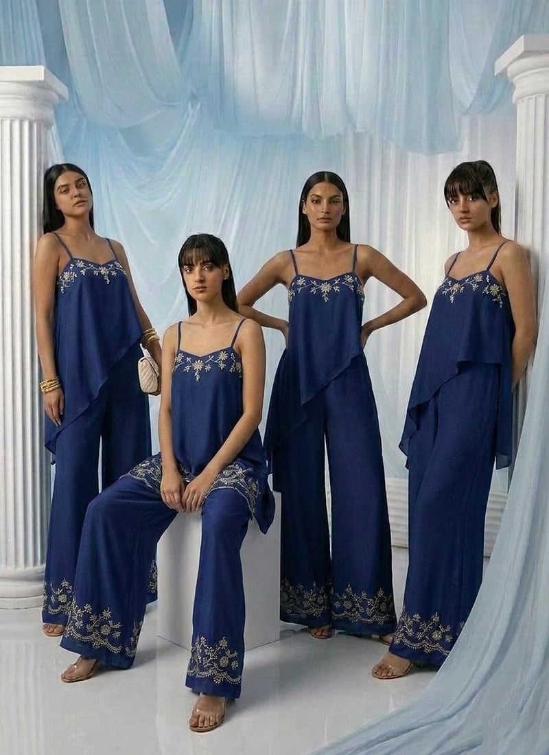 Navy Georgette Beads Zari Hand Embroidered Indowestern Asymmetric Palazzo Set Wedding Wear
