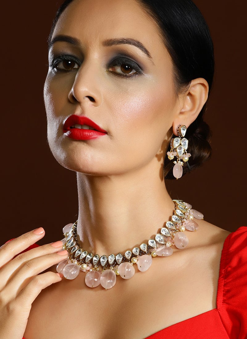Necklace Of Pink Kundan Pearl Beaded Elegance Wedding Wear