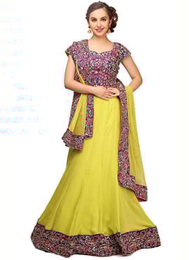 Neon Green Georgette Zari Embroidery Work Umbrella Lehenga