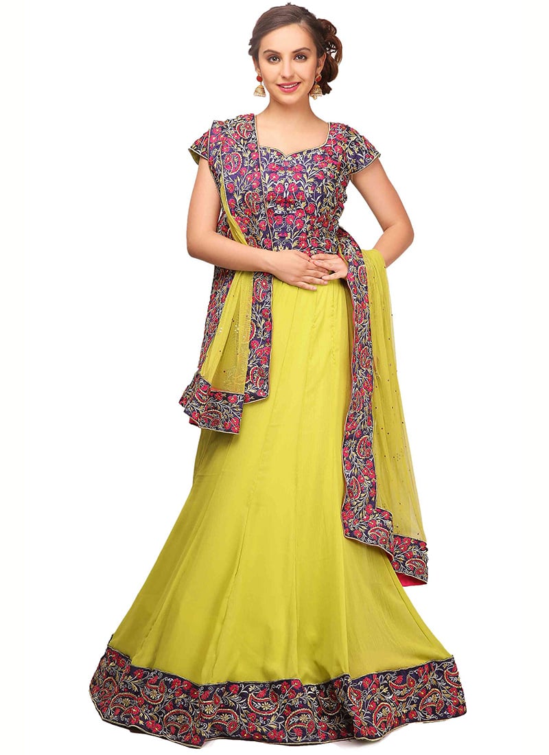 Neon Green Georgette Zari Embroidery Work Umbrella Lehenga