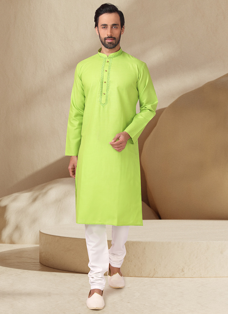 Neon Green Handloom Cotton Kurta Pyjama