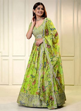 Neon Green Organza Floral Digital Print Zari Embroidered Sequins Lehenga