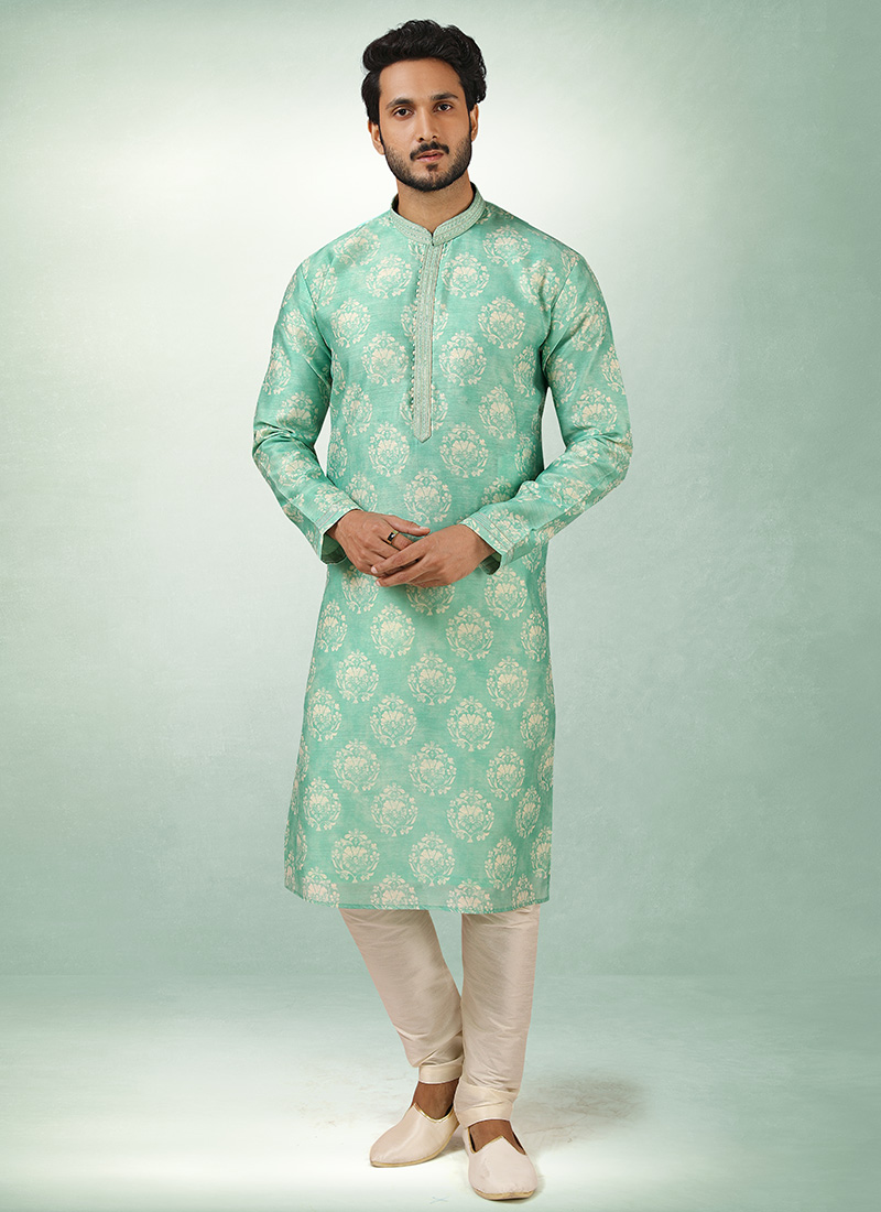 Neon Green Soft Art Silk Printed Kurta Pyjama Party Wear