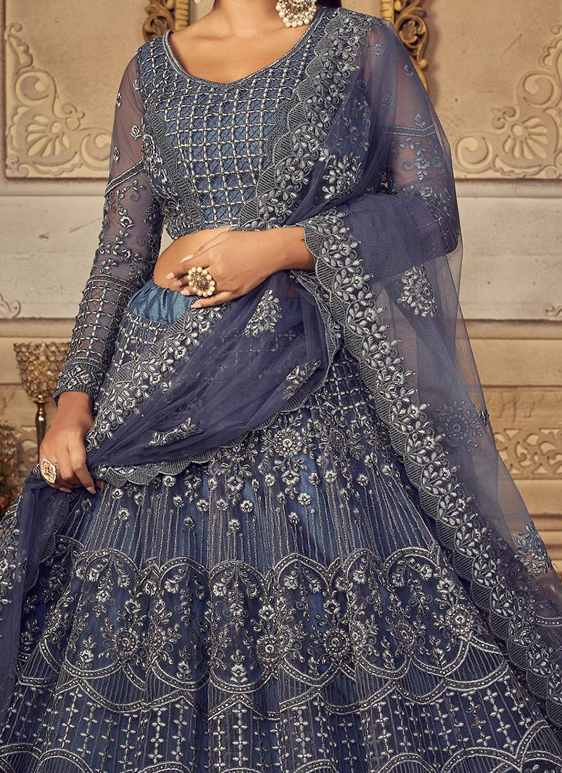 Shop Net Umbrella Lehenga Dusty Blue Embroidery Stone Work Party Wear