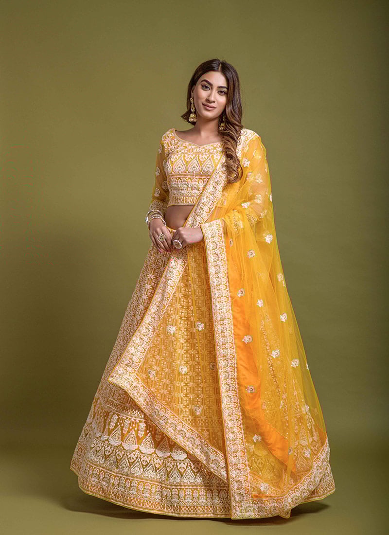Net Yellow Thread Embroidery Work Umbrella Lehenga Party Wear