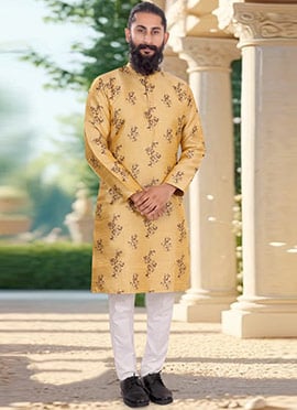 Neutral Beige Jacquard Silk Kurta Pyjama