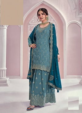 Nidhi Shah Aqua Blue Chinon Zari Embroidered Sequins Sharara Suit