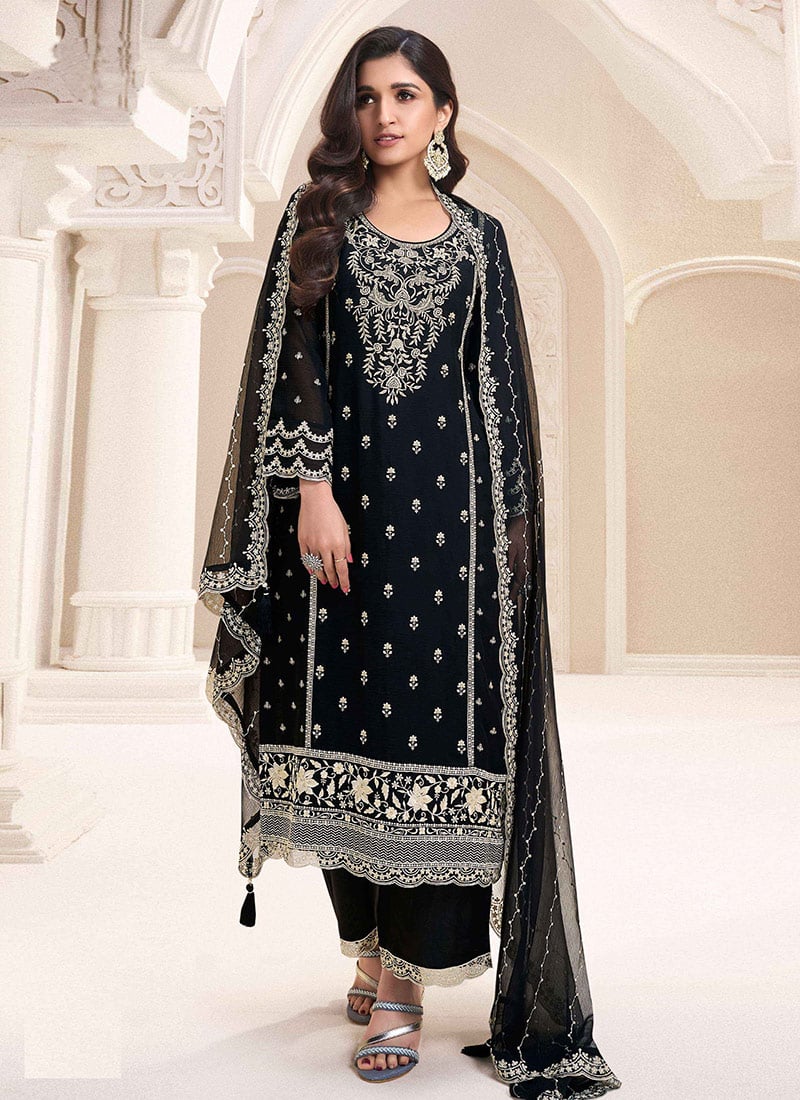 Nidhi Shah Black Chiffon Embroidered Palazzo Suit Festive Wear
