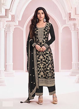 Nidhi Shah Black Viscose Jacquard Zari Embroidered Sequins Pakistani Straight Pant Suit
