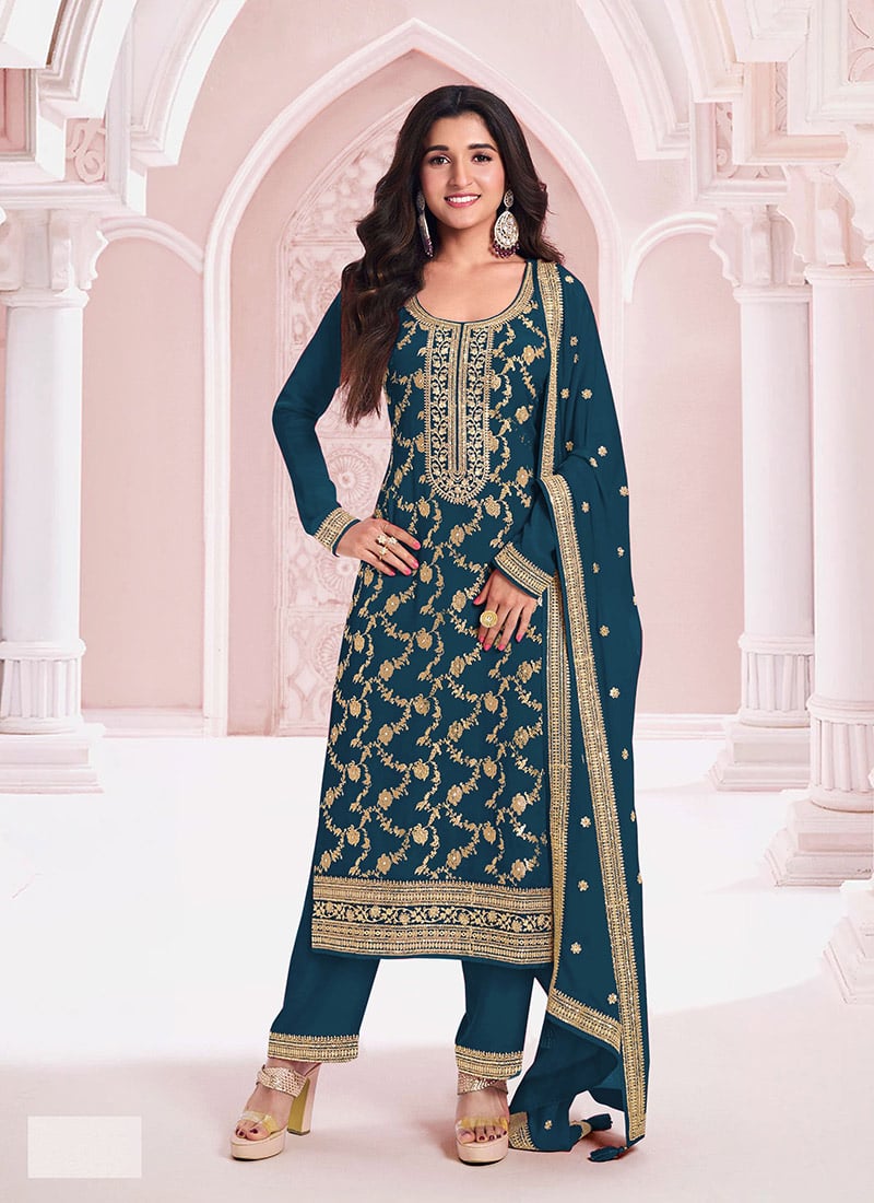 Nidhi Shah Blue Viscose Jacquard Zari Embroidered Sequins Pakistani Straight Pant Suit Festive Wear