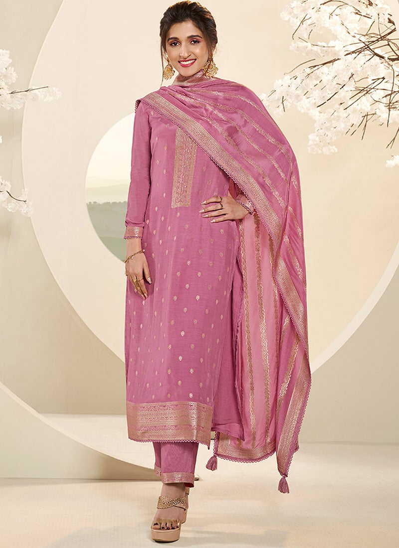 Nidhi Shah Chic Light Pink Muslin Jacquard Pakistani Style Straight Suit