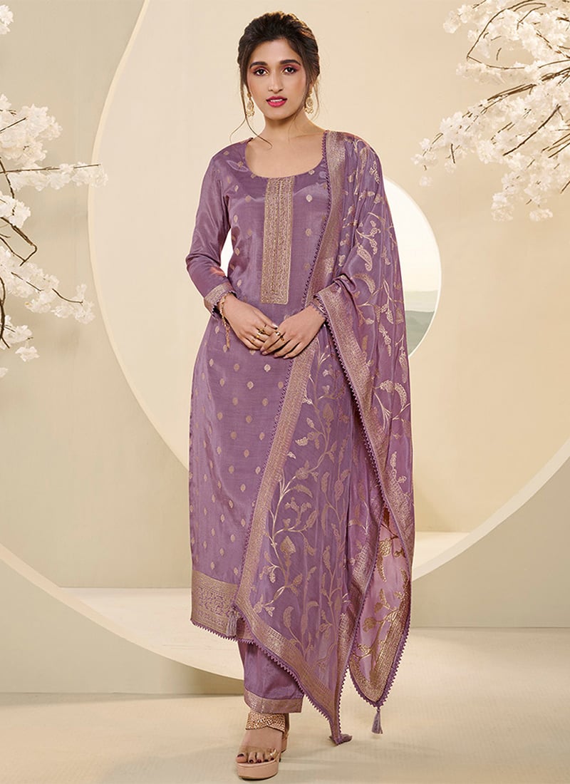 Nidhi Shah Chic Purple Muslin Jacquard Straight Pant Pakistani Style Suit Party Wear