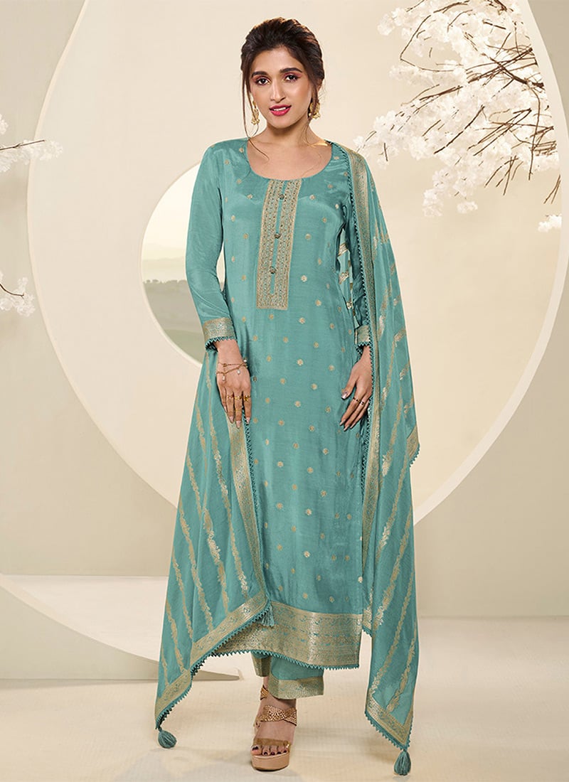 Nidhi Shah Chic Sea Green Muslin Jacquard Straight Pant Pakistani Style Suit
