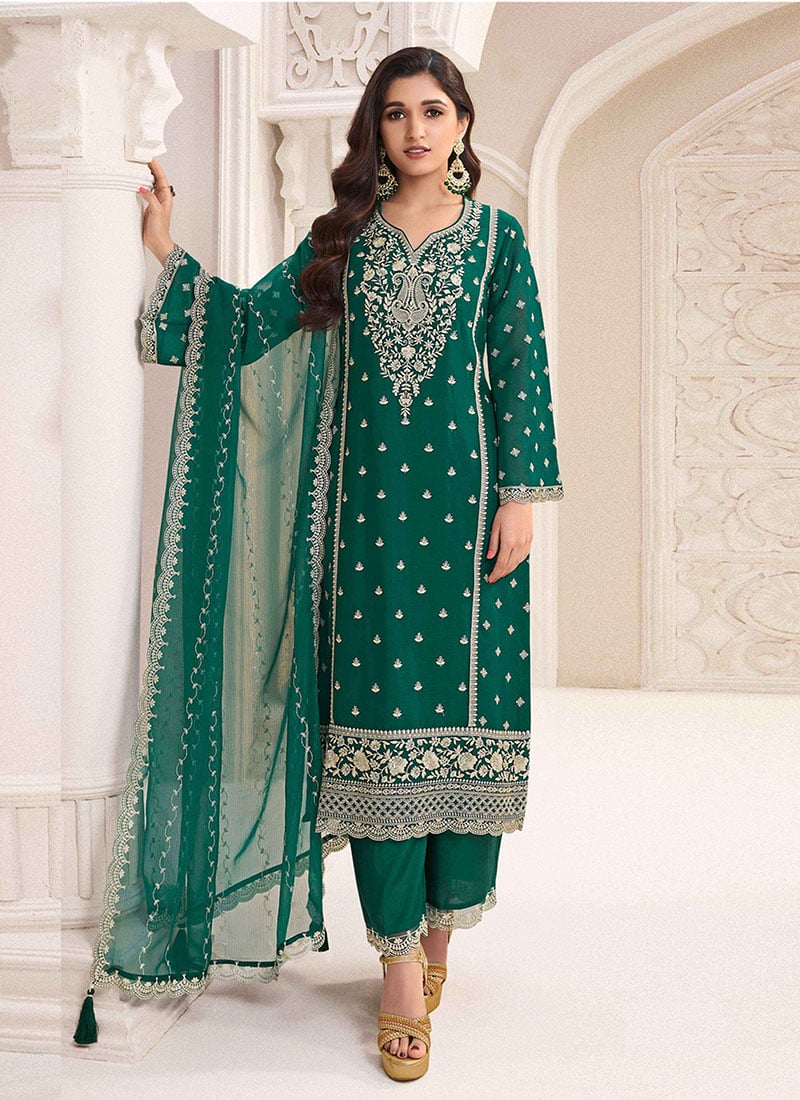 Nidhi Shah Green Chiffon Embroidered Palazzo Suit Festive Wear