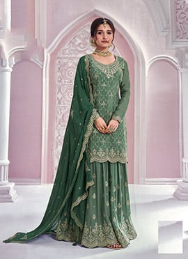 Nidhi Shah Green Chinon Zari Embroidered Sequins Sharara Suit