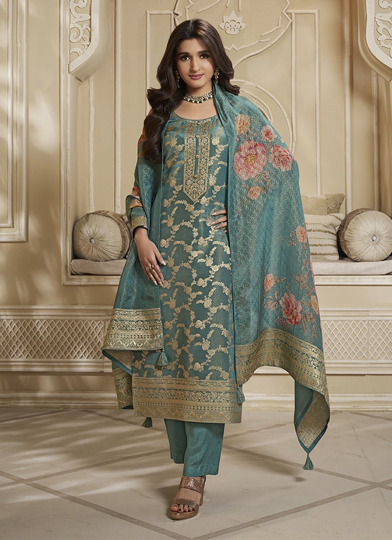Nidhi Shah In Teal Green Tissue Jacquard Pakistani Style Straight Suit Party Wear
