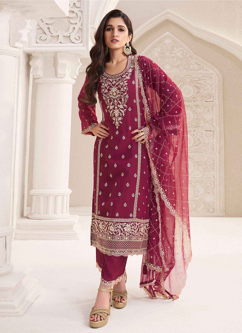 Nidhi Shah Maroon Chiffon Embroidered Palazzo Suit