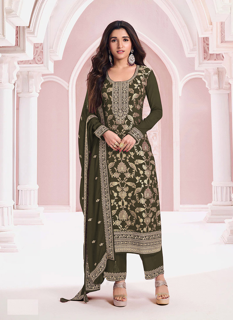 Nidhi Shah Mehendi Green Viscose Jacquard Zari Embroidered Sequins Pakistani Straight Pant Suit