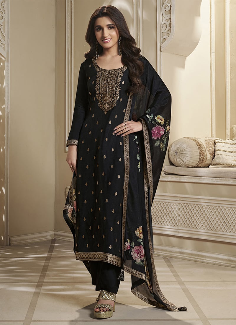 Nidhi Shah Pakistani Style Charcoal Black Jacquard Dola Silk Straight Suit