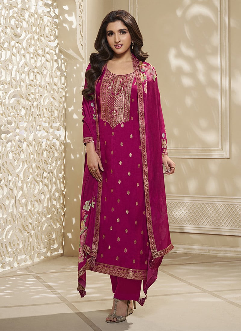 Nidhi Shah Pakistani Style Rani Pink Jacquard Dola Silk Straight Pant Suit Party Wear