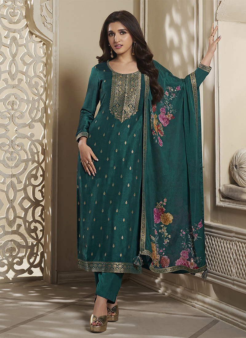 Nidhi Shah Pakistani Style Dark Teal Jacquard Dola Silk Straight Pant Suit Party Wear
