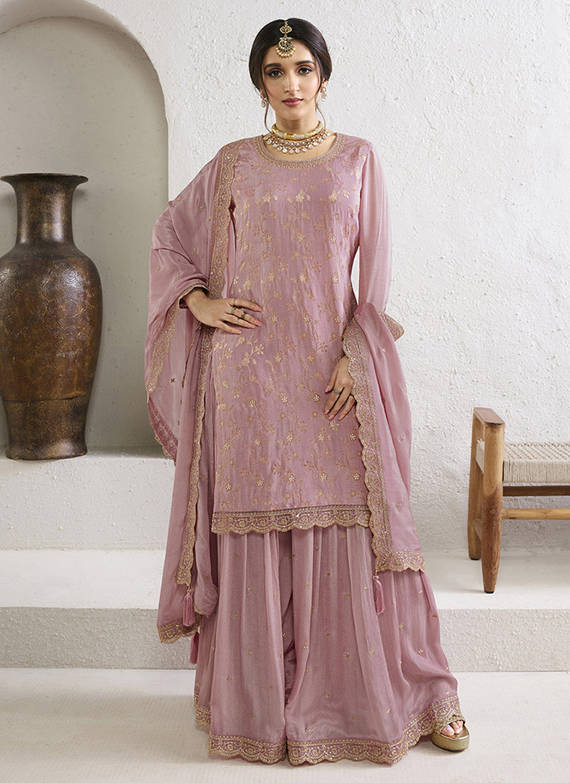 Nidhi Shah Pakistani Style Sharara Suit In Lilac Chinon Jacquard Kurta Party Wear