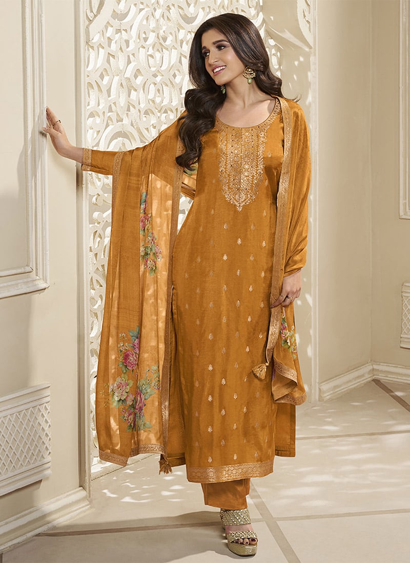 Nidhi Shah Pakistani Style Yellow Jacquard Dola Silk Straight Pant Suit