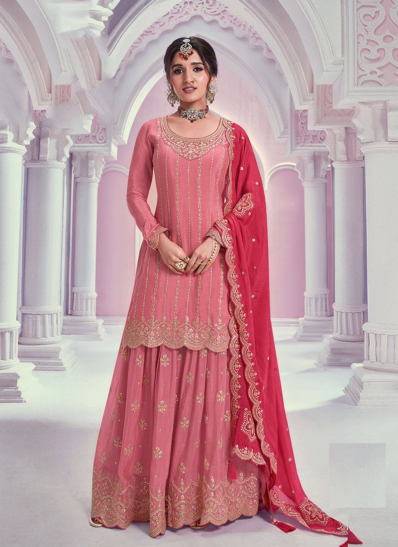 Nidhi Shah Peach Chinon Zari Embroidered Sequins Sharara Suit Festive Wear-SLSRF28852