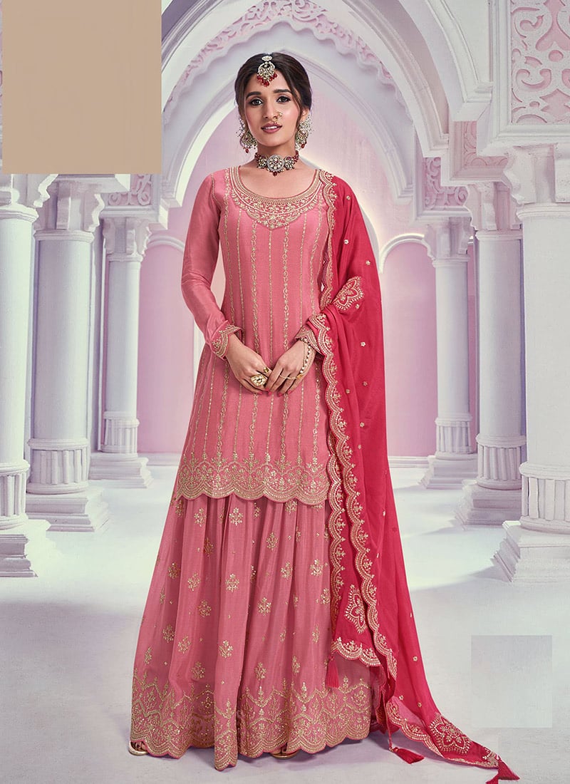 Nidhi Shah Pink Chinon Zari Embroidered Sequins Sharara Suit