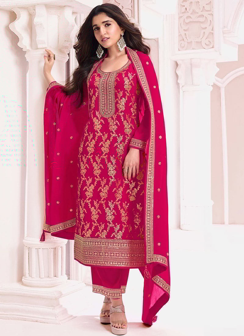 Nidhi Shah Pink Jacquard Viscose Embroidered Sequins Straight Pant Suit Festive Wear
